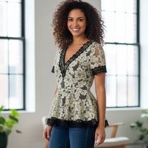 ALEXIS Peplum Lace V Neck Top in Sage